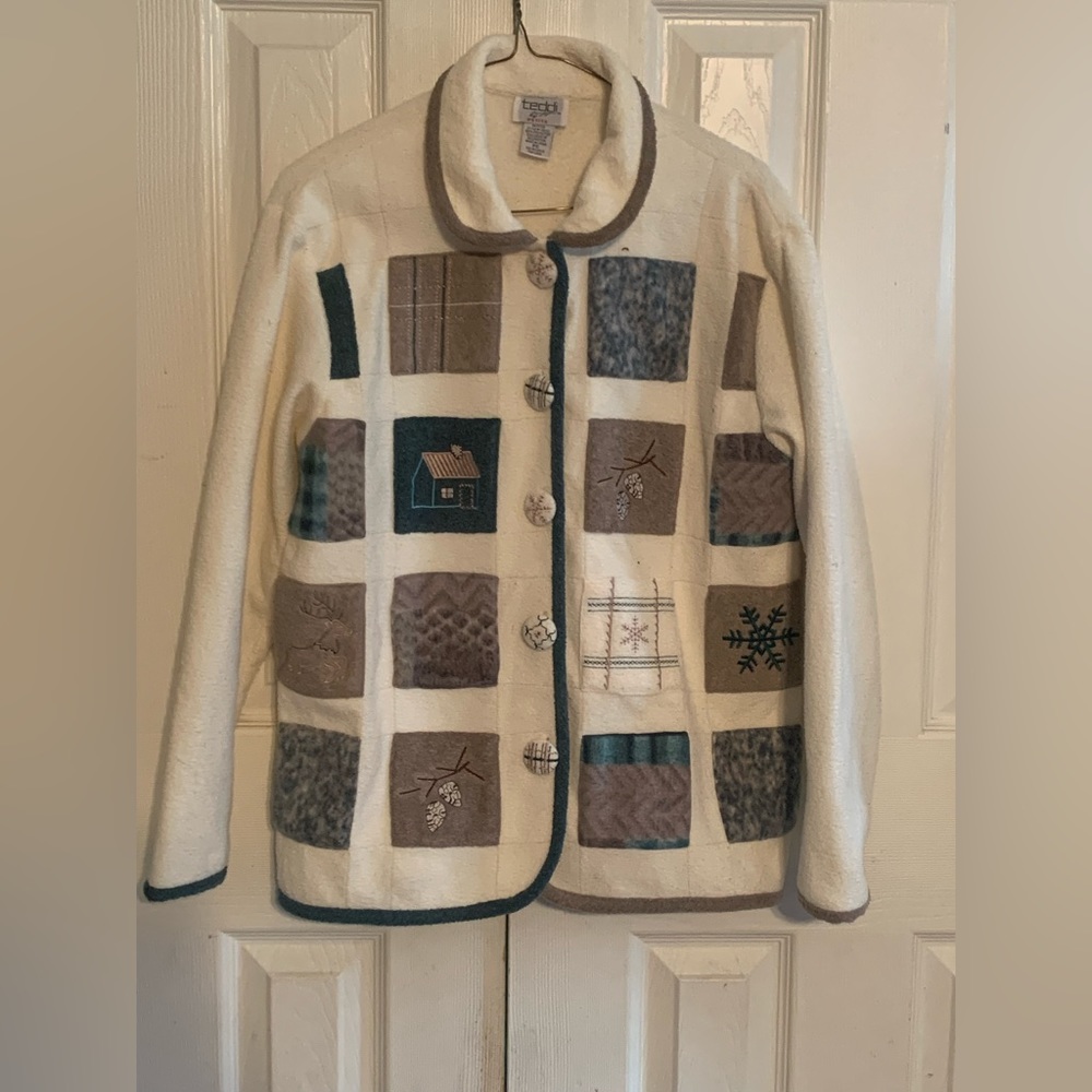 Women's PS Vintage Teddi 90's Grandma Cardigan Sweater Snowflake‎ Winter cottage